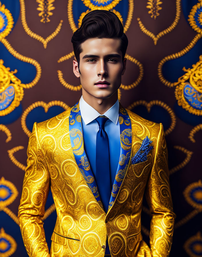 Stylish man in golden suit with blue tie against blue and gold backdrop