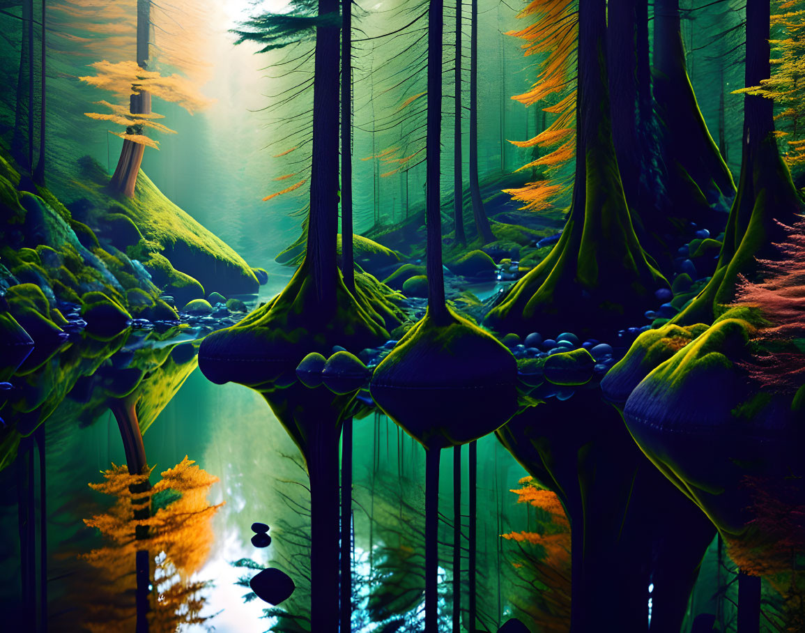 Ethereal forest scene with vibrant trees and reflective water.