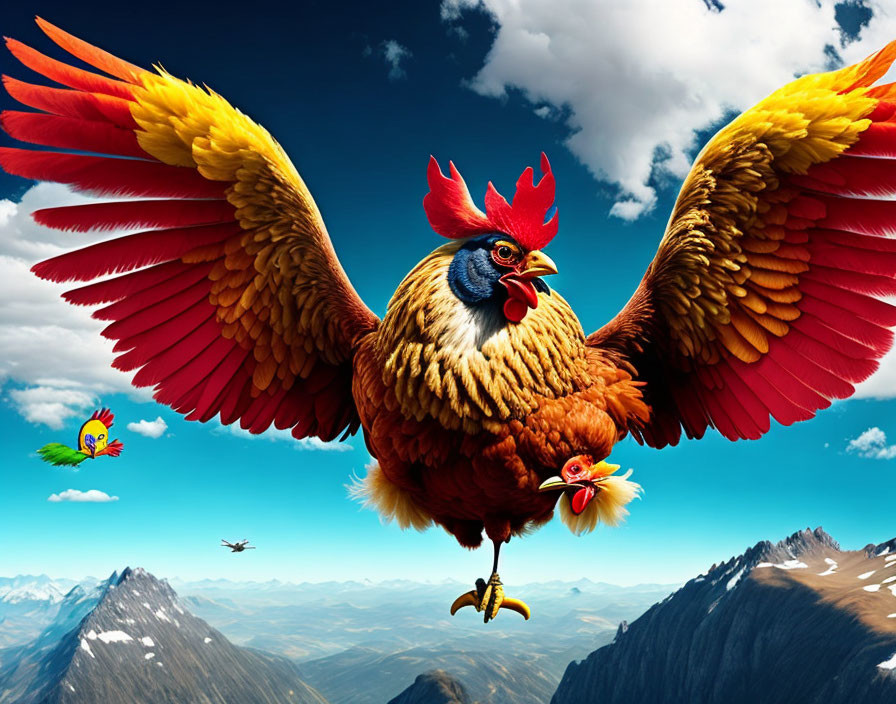 Colorful Rooster Soaring with Birds over Mountain Peaks