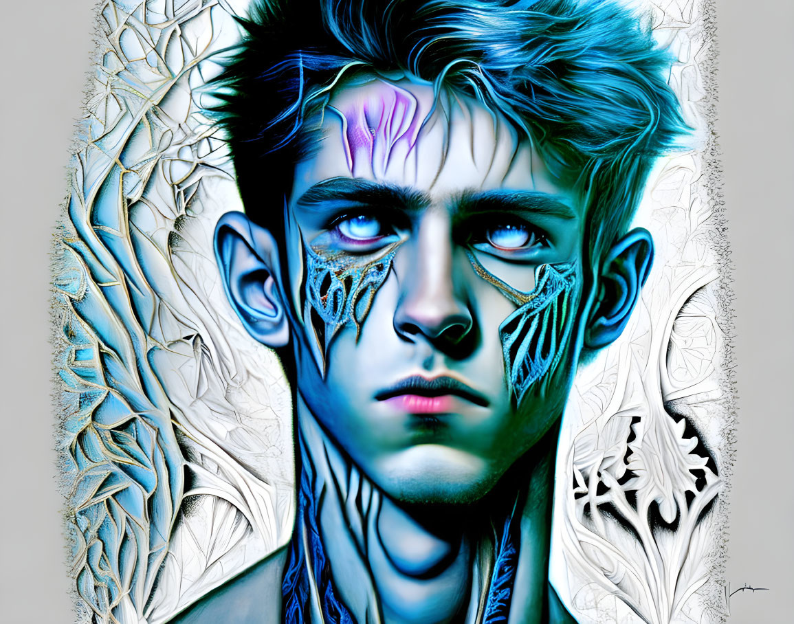 Young man with blue skin tones and white patterns on face in digital art portrait