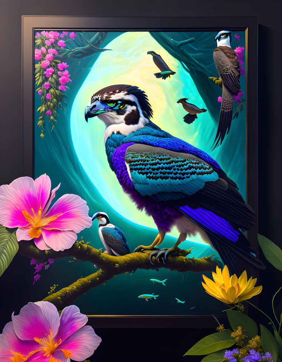 Colorful digital artwork of falcon on branch with flowers and moon