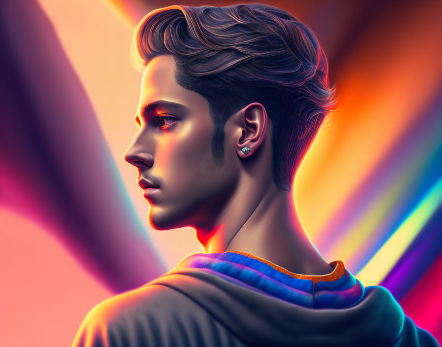 Vibrant digital artwork: young man with styled hair and earring