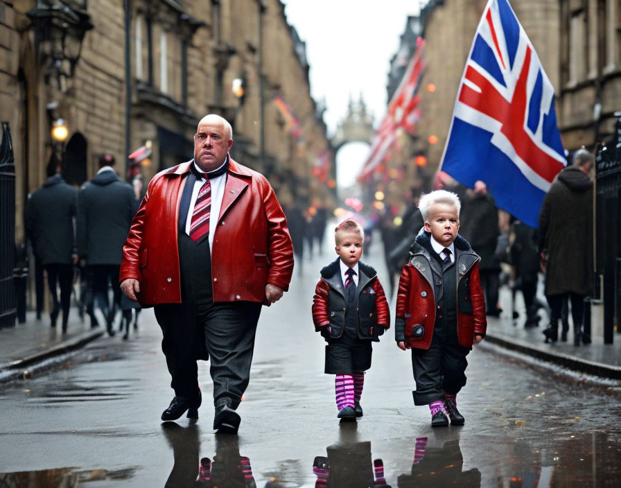 Man in red jacket with children in school uniforms walking on wet street with British flag.