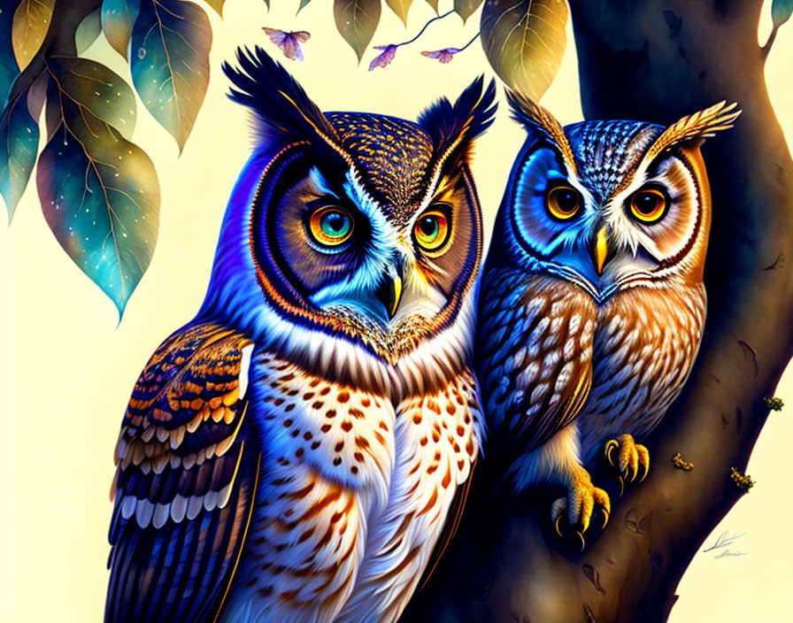 Colorful Owls Perched on Branch with Detailed Feathers and Intense Eyes