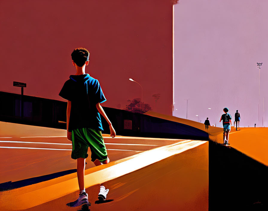 Person walking on sunlit city street with long shadow and vivid sky