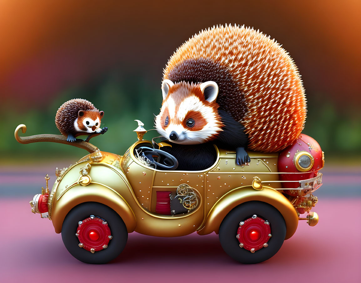Two animated hedgehogs in golden car against warm backdrop