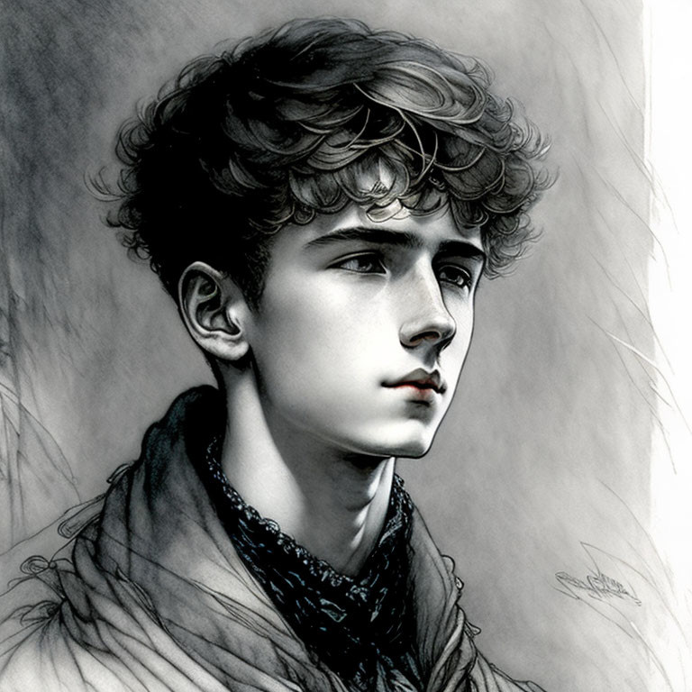 Detailed pencil sketch of contemplative young man with curly hair and textured clothing.