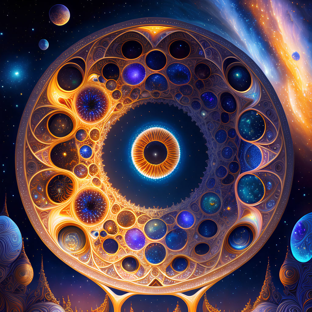 Colorful cosmic mandala with eye motif and celestial bodies in digital art.