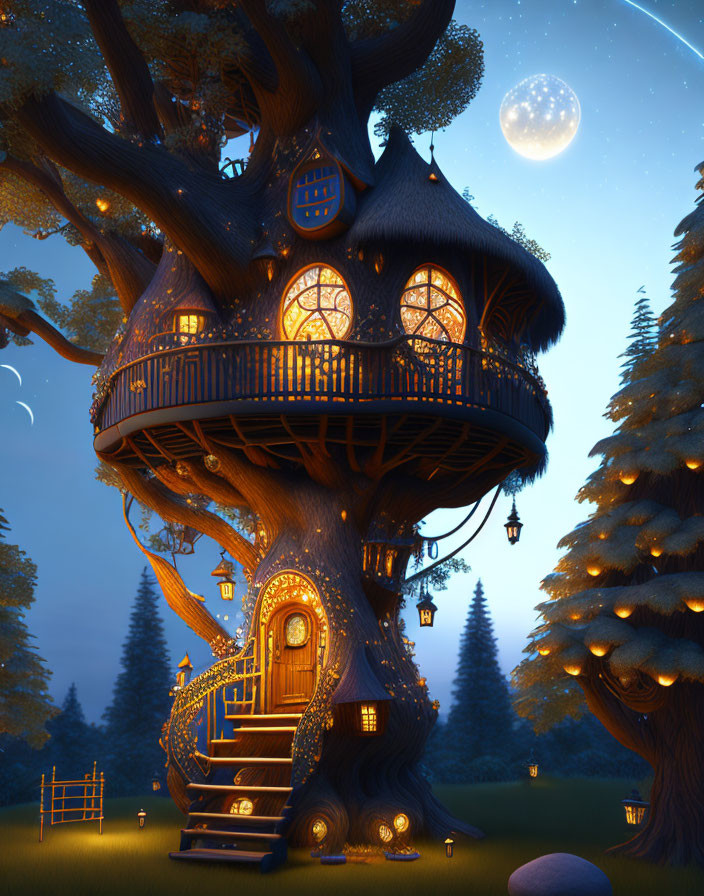 Enchanting treehouse in twilight forest with full moon & shooting star