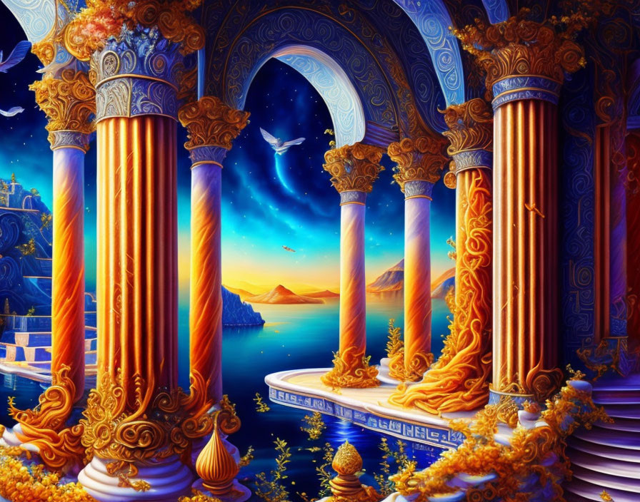 Fantasy artwork: Golden columns, ocean view, starry sky