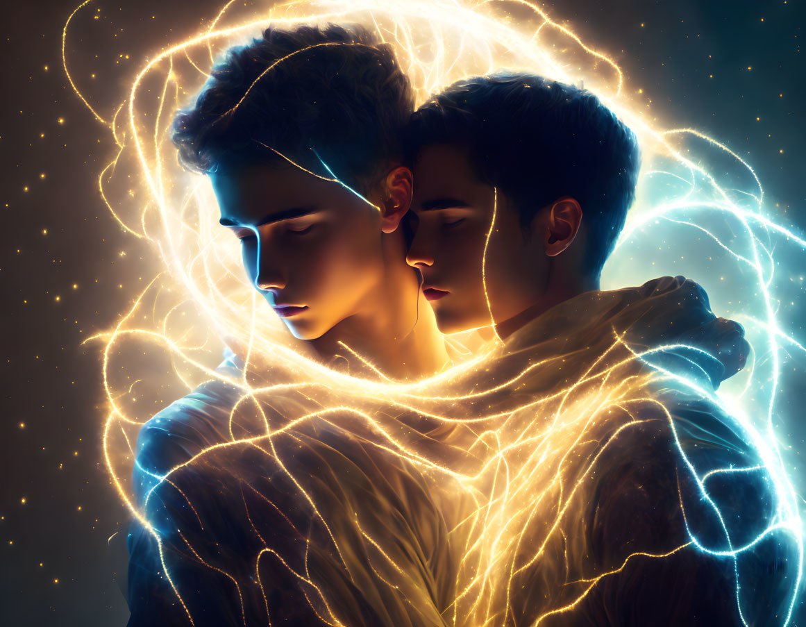 Embracing couple surrounded by luminous energy pattern