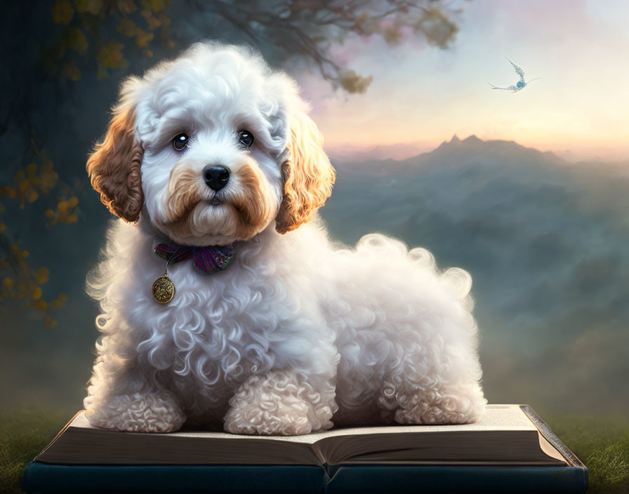 White Puppy with Bow Tie on Book in Sunset Mountain Scene with Dragonfly