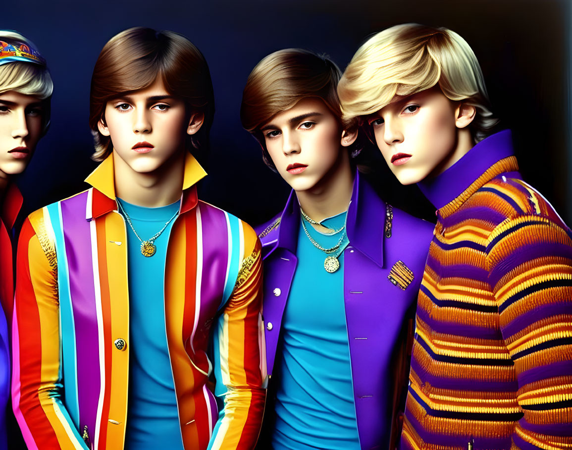 Three young men in stylish retro fashion with vibrant colors and striped patterns on a dark background.