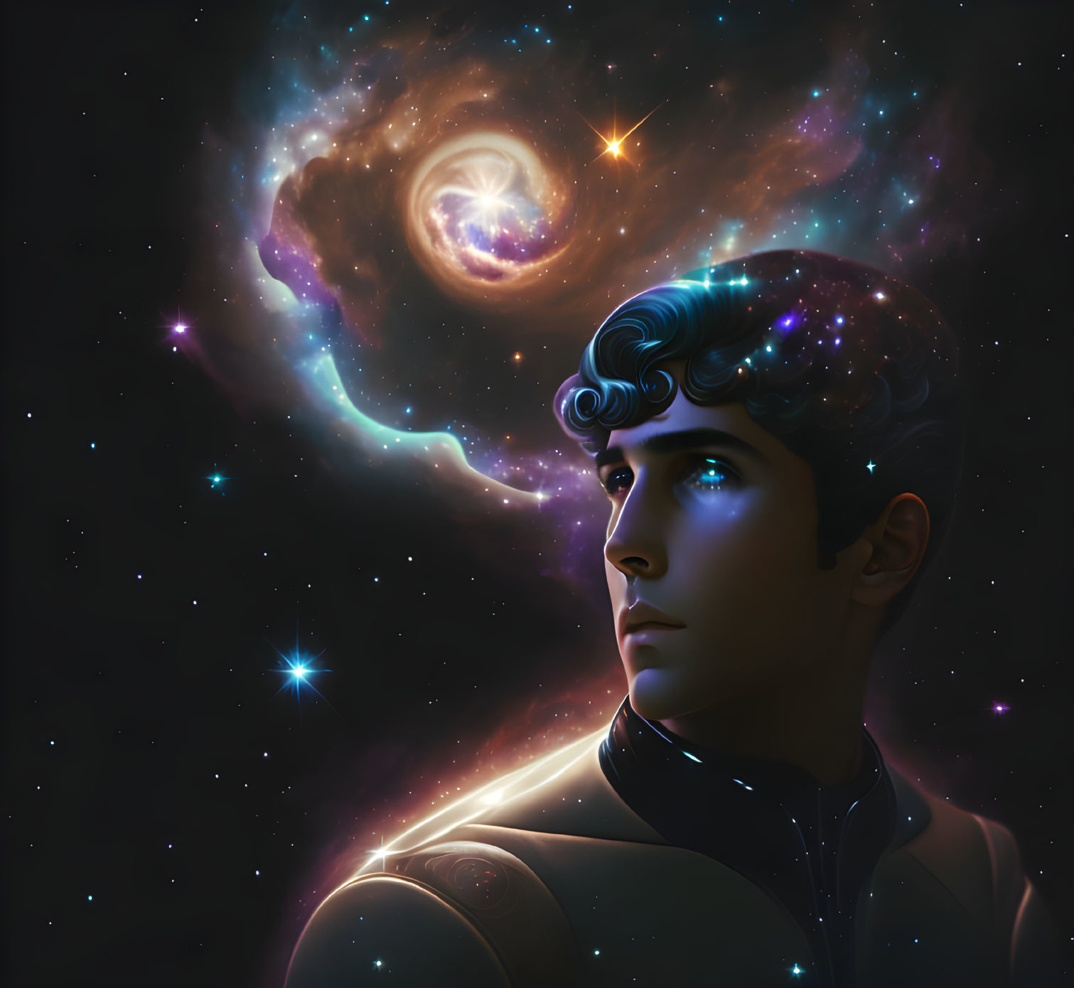 Man's Profile with Space and Galaxies: Cosmic Digital Illustration