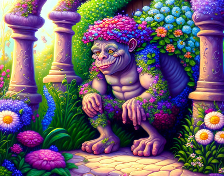 Colorful illustration of whimsical ape-like creature with floral adornments in floral setting.