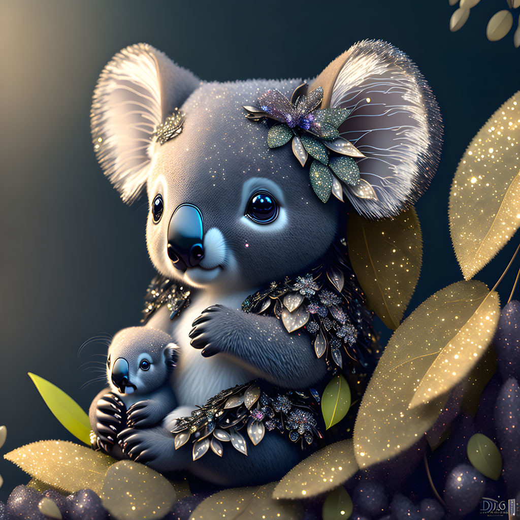 Stylized illustration of koala and baby surrounded by leaves and glowing lights