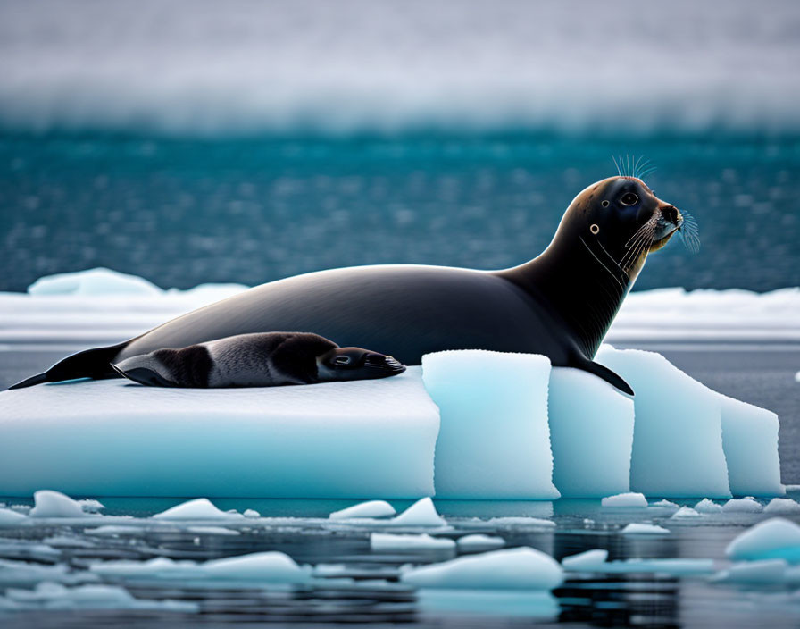 Mother seal and pup on small iceberg in icy water