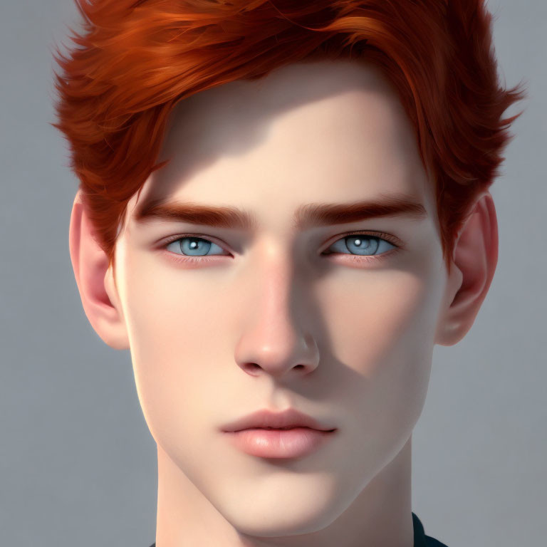 Male figure with blue eyes, auburn hair, and fair skin in 3D render