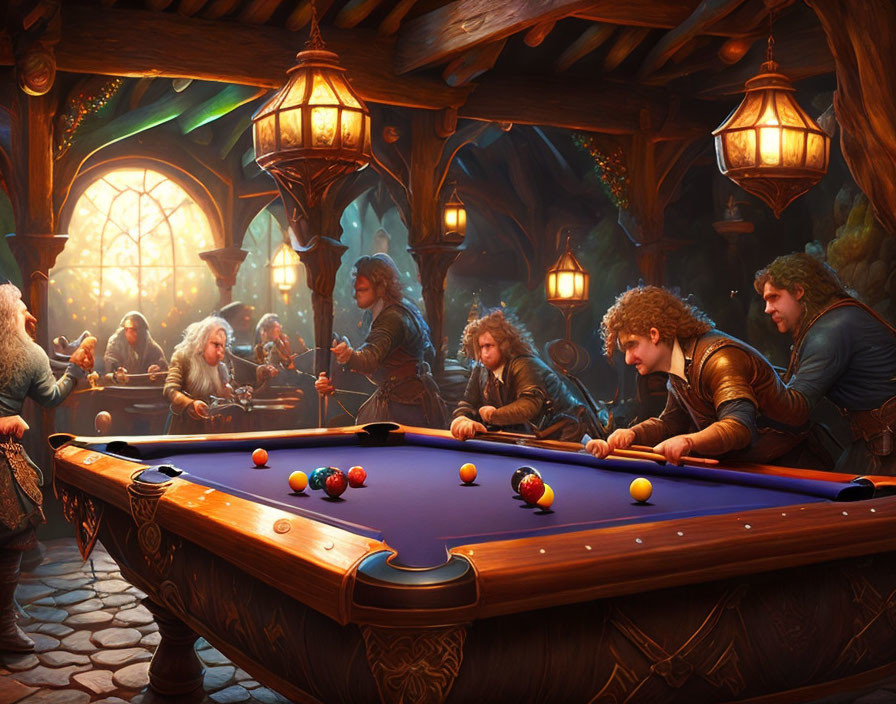 Fantasy characters playing billiards in cozy tavern