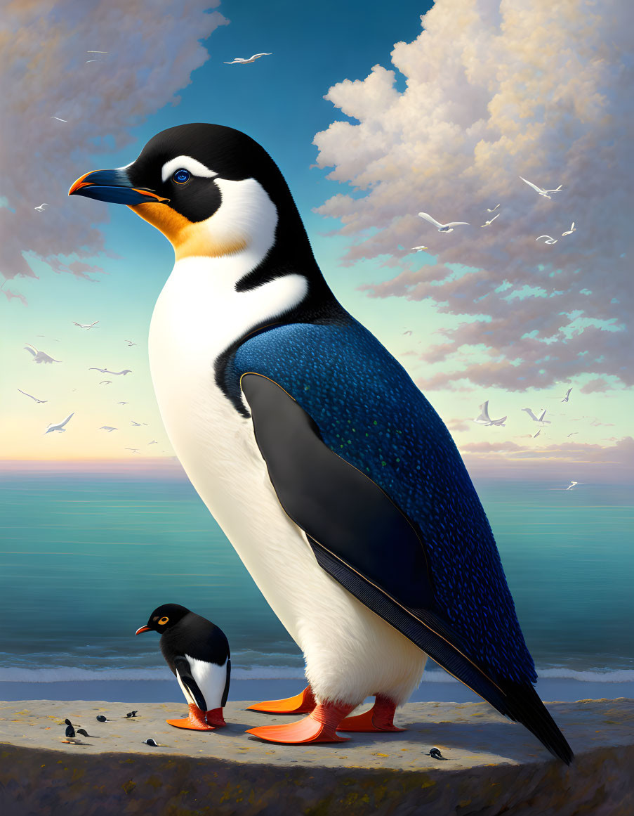 Digital artwork of oversized penguin with smaller one on cliff by sea