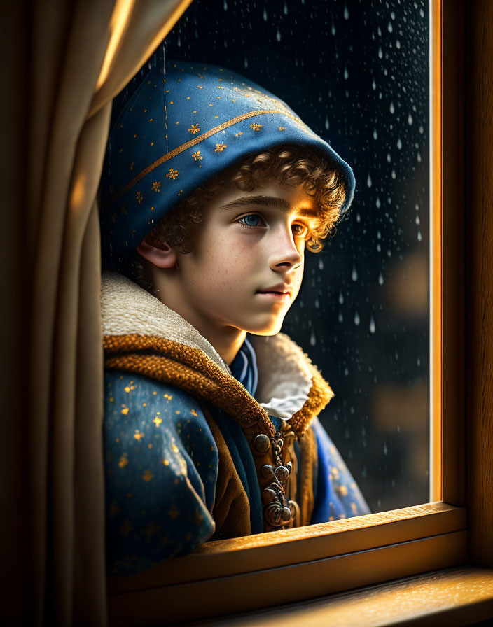 Young person in blue star-patterned hat looking out rain-spattered window.