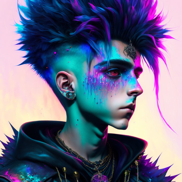 Colorful Portrait of Person with Spiked Blue and Purple Hair and Vibrant Makeup