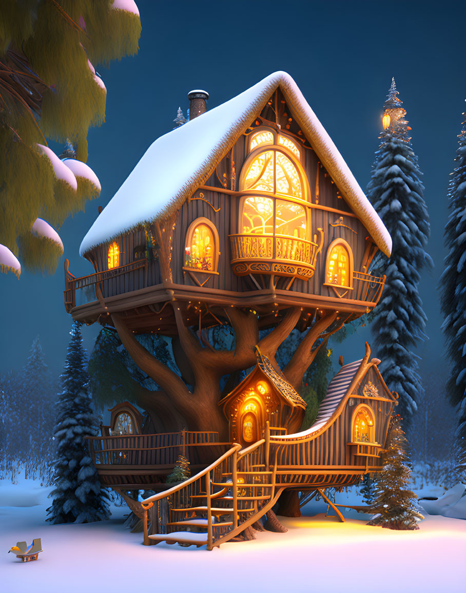Twilight snow-covered treehouse with ornate windows in pine forest