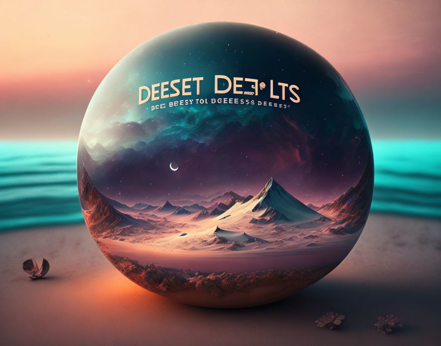 Surreal spherical landscape with mirrored "DEESET DEETS" text under starry sky