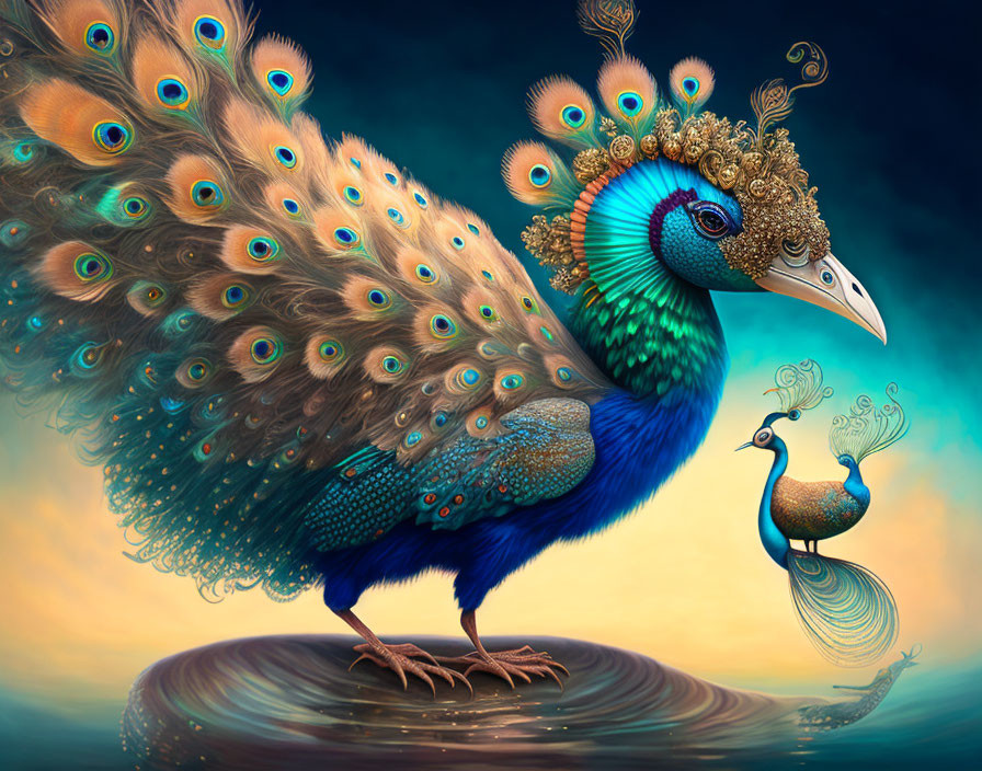 Colorful peacock illustration with intricate feathers on swirling water backdrop under twilight sky.