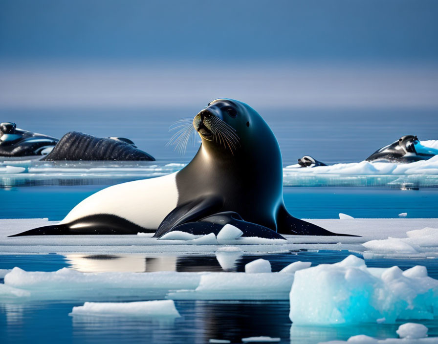 Seal resting on ice floe in serene blue waters