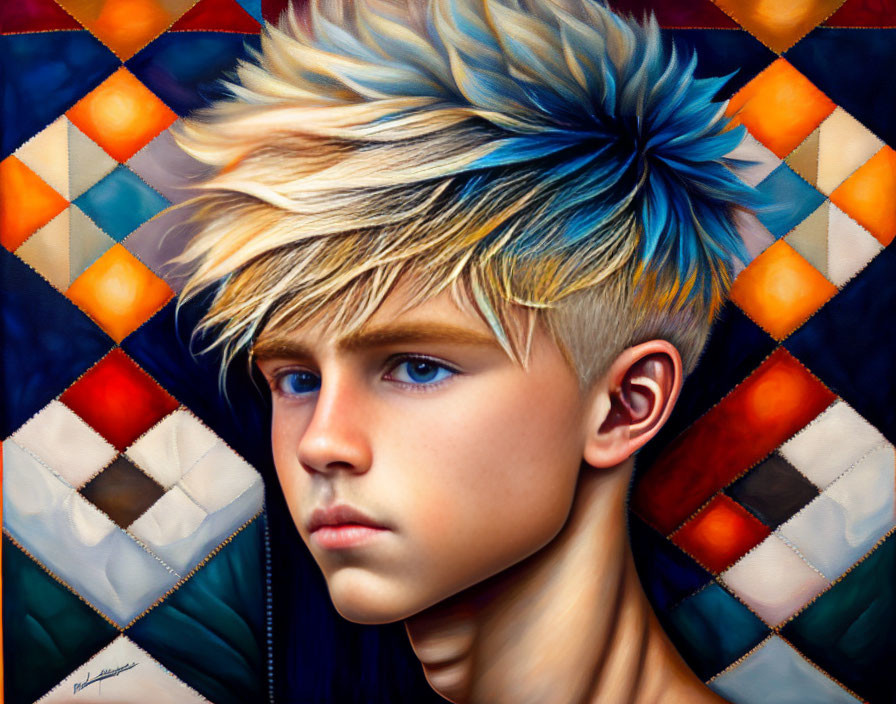 Portrait of Youth with Blue Eyes and Colorful Hair on Geometric Background