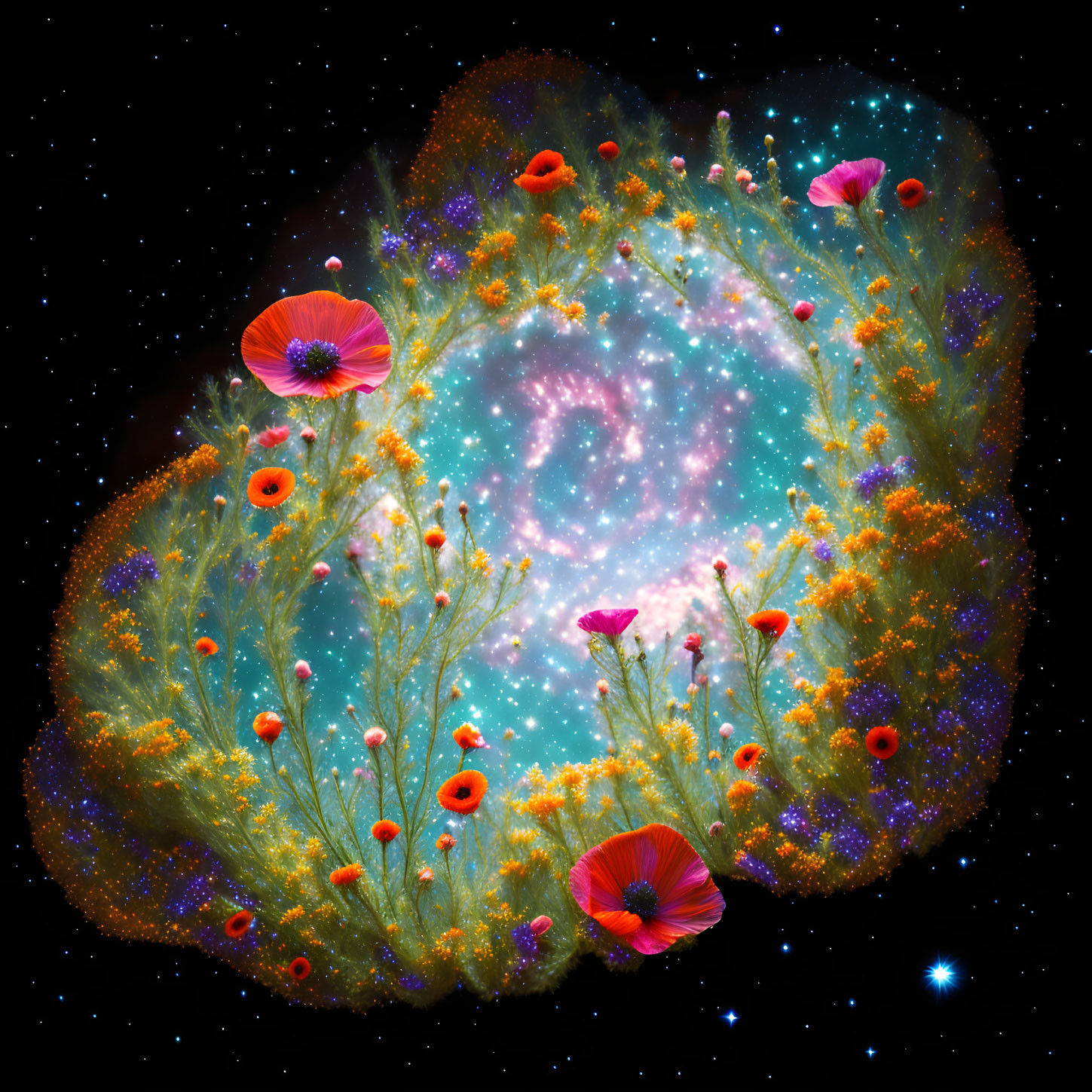 Colorful Flowers on Starry Nebula Background: A Harmonious Fusion of Nature and Cosmos