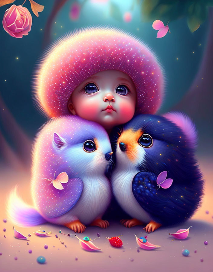 Child with expressive eyes, fluffy creatures, butterflies, and petals in mystical setting.