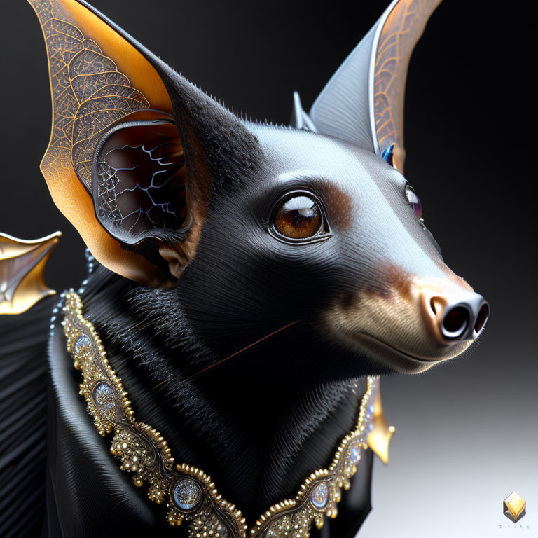 Digital artwork: Creature with bat head, golden ear wings, ornate jewelry.