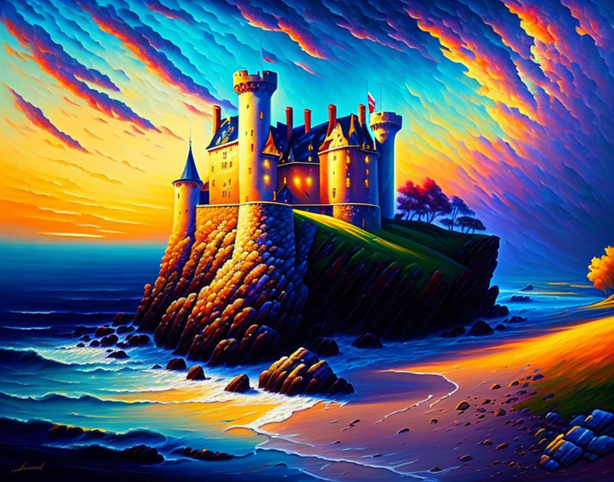 Colorful sunset sky over castle on cliff by ocean