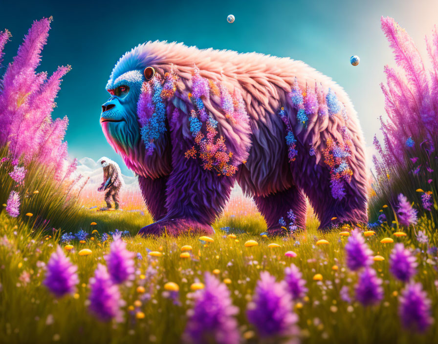 Colorful ape-like creature in vibrant fantasy landscape with purple flora and blue sky