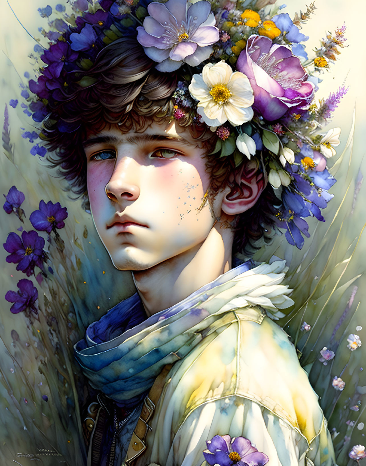 Digital illustration of person with thoughtful gaze wearing crown of purple and white flowers against nature backdrop