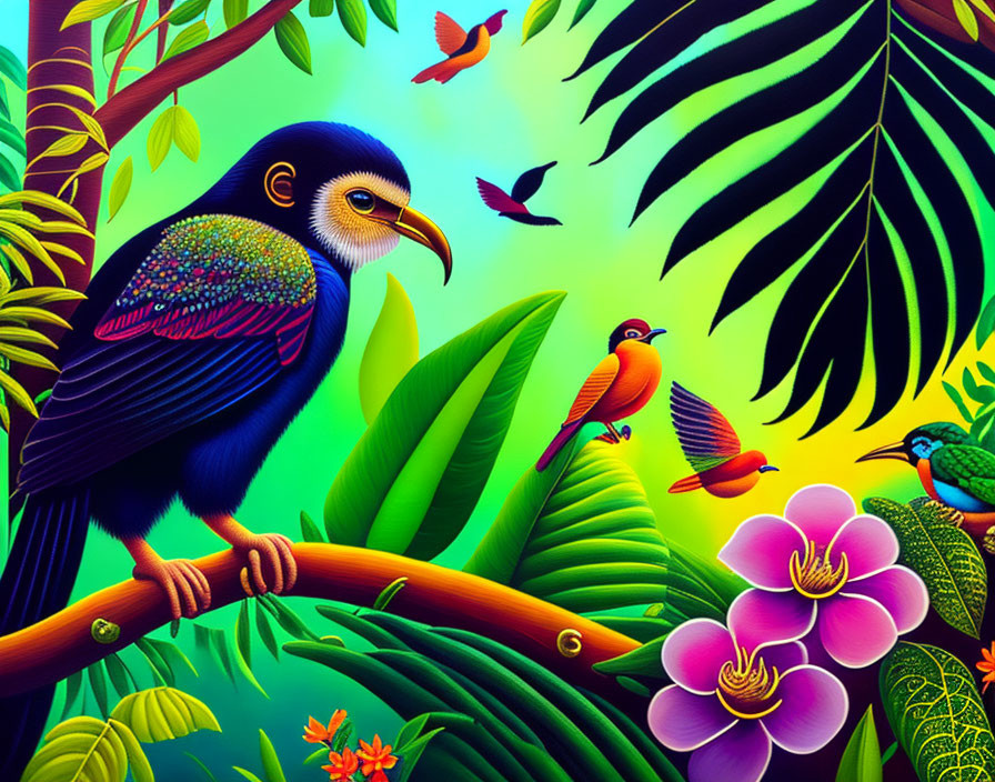 Colorful Tropical Scene with Large Bird, Foliage, and Flowers