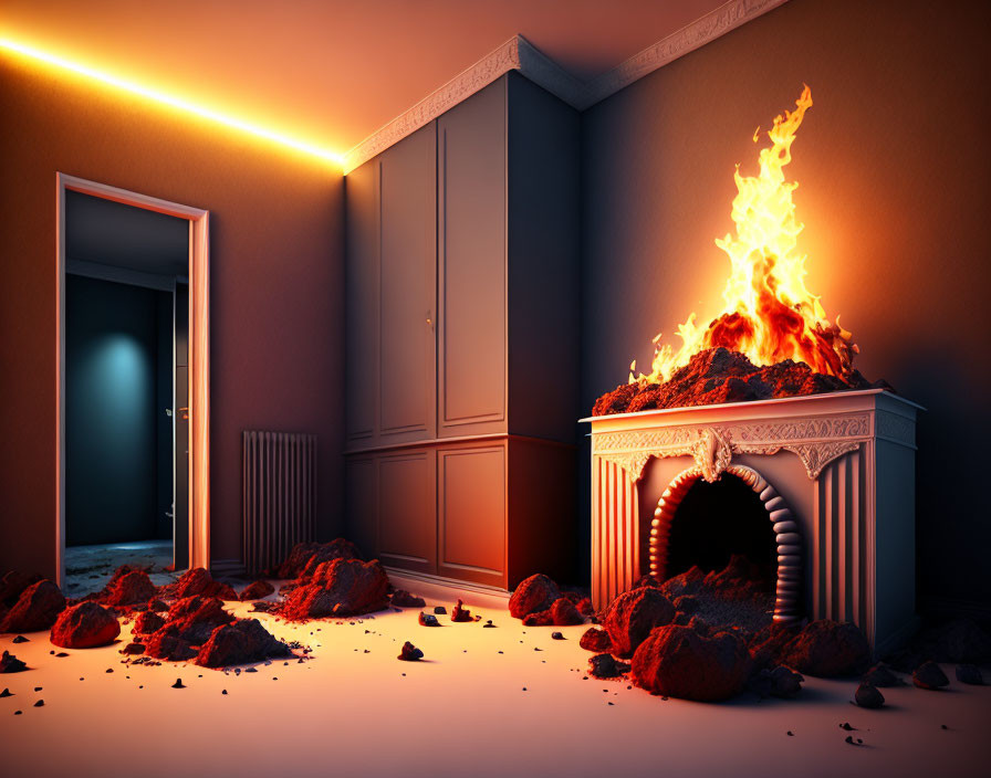 White classical fireplace ablaze with fire in dimly lit room