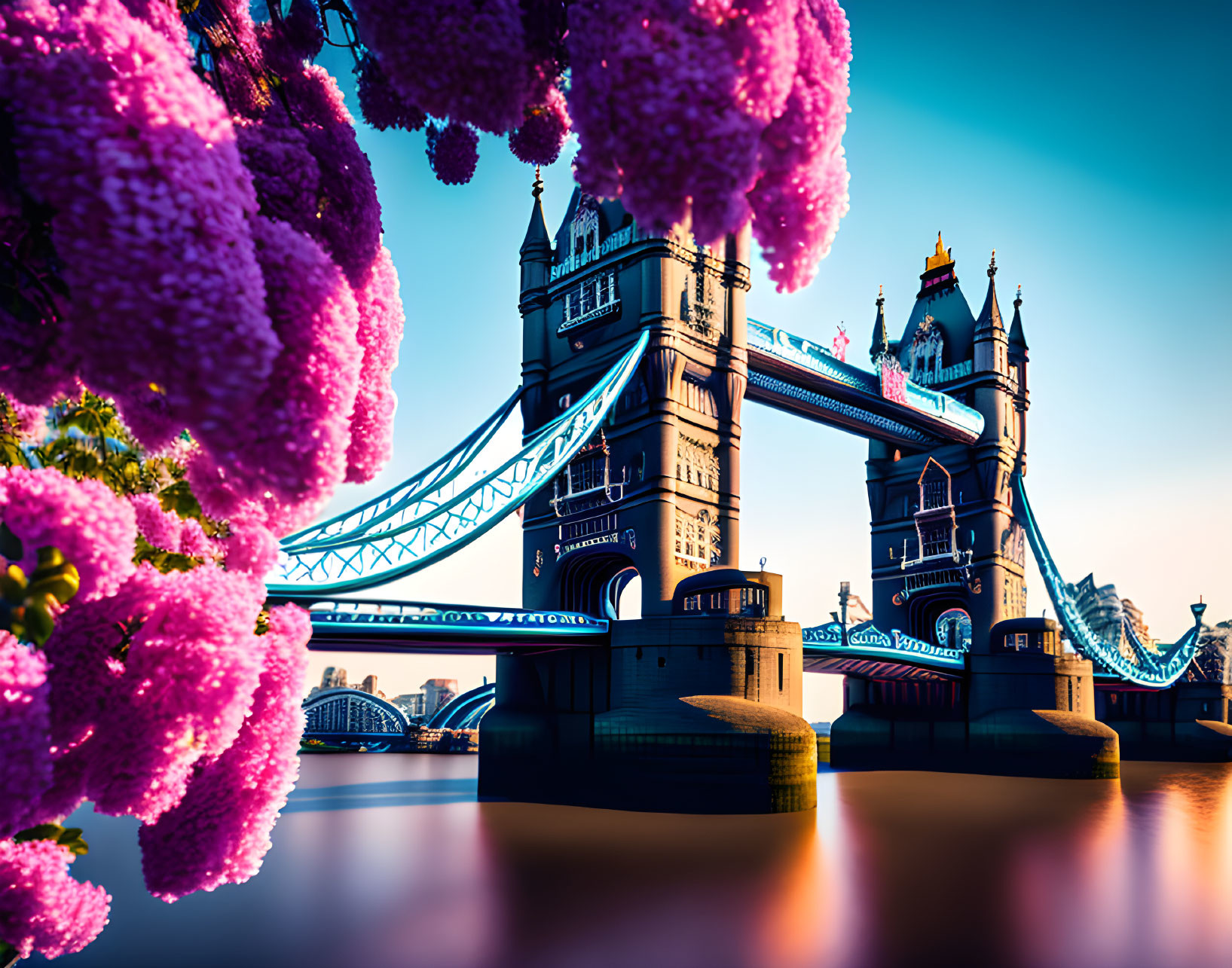 Tower Bridge in London with pink blossom trees against blue sky