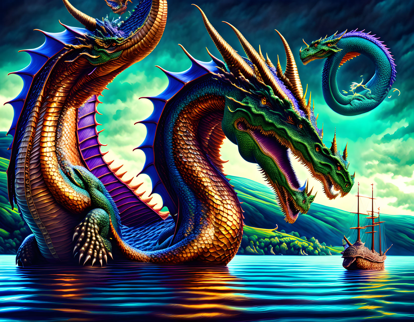 Multi-headed dragon emerges from sea near sailing ship under dramatic sky.