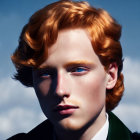 Portrait of a person with curly ginger hair and blue eyes in dark coat against blue background