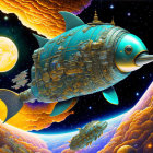 Colorful fish with mechanical features in cosmic setting.