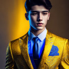 Stylish young man in gold suit jacket with blue shirt and tie