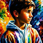 Colorful Rainbow Hoodie Worn by Smiling Youth in Floral Setting