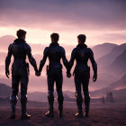 Three individuals in futuristic outfits against purple sunset with forested horizon