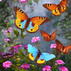 Colorful Butterfly Collection on Pink Flowers with Soft Floral Background