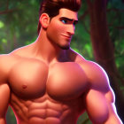Muscular man illustration with sculpted abs and defined pecs in forest setting