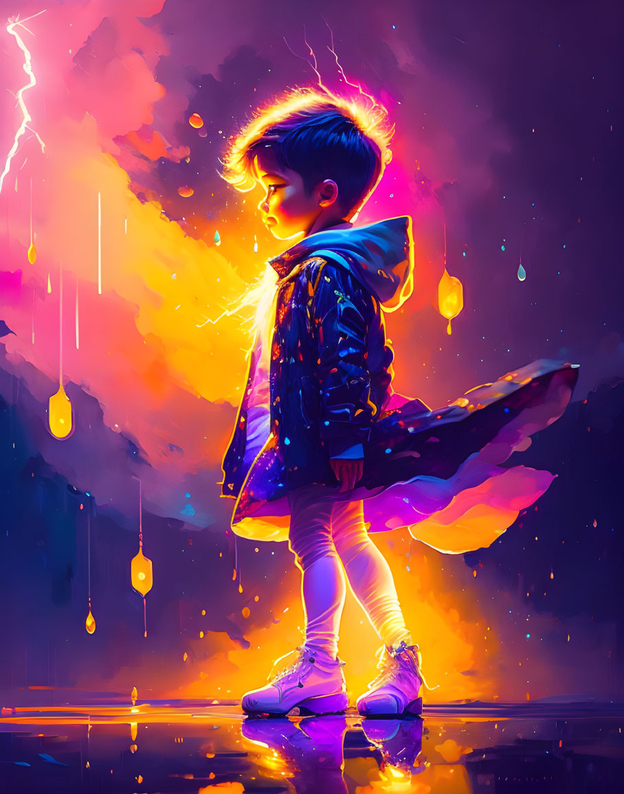 Colorful digital art: Child in dynamic pose with neon lights, raindrops, and lightning.
