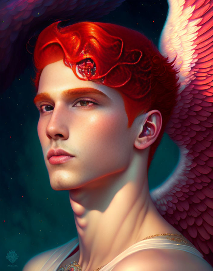 Digital Artwork: Person with Angelic Wings and Red Headpiece on Starry Night Background